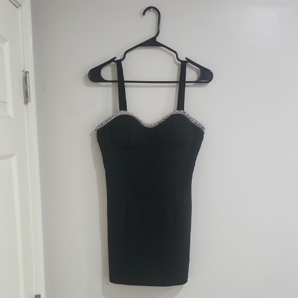 AUW Black Mini Dress with Silver Trim - Picture 3 of 5